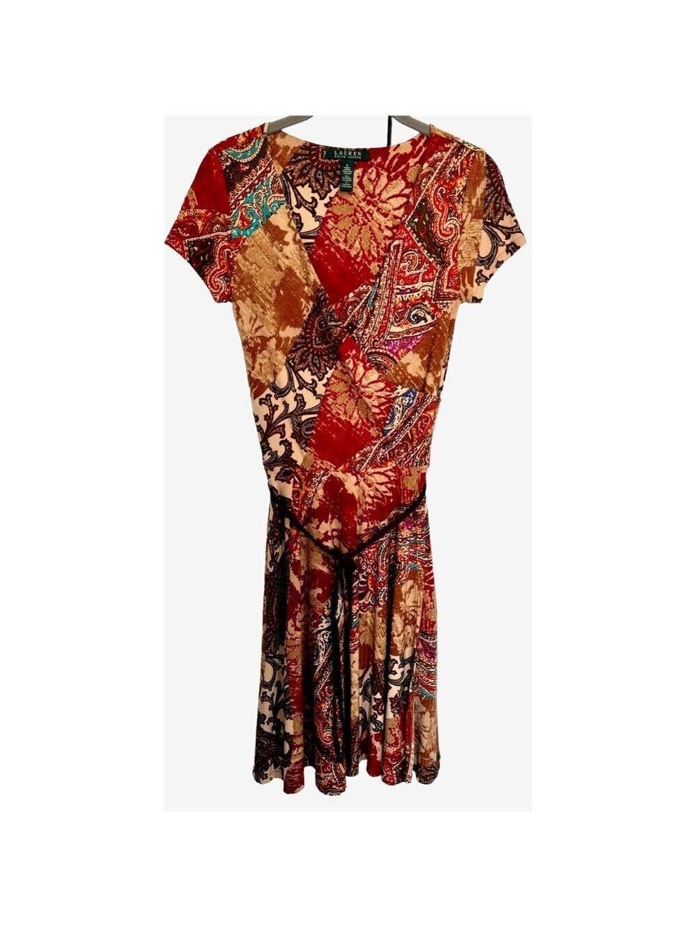 Lauren Ralph Lauren Faux Wrap Dress Sz S Red Multi Paisley Leather Belt